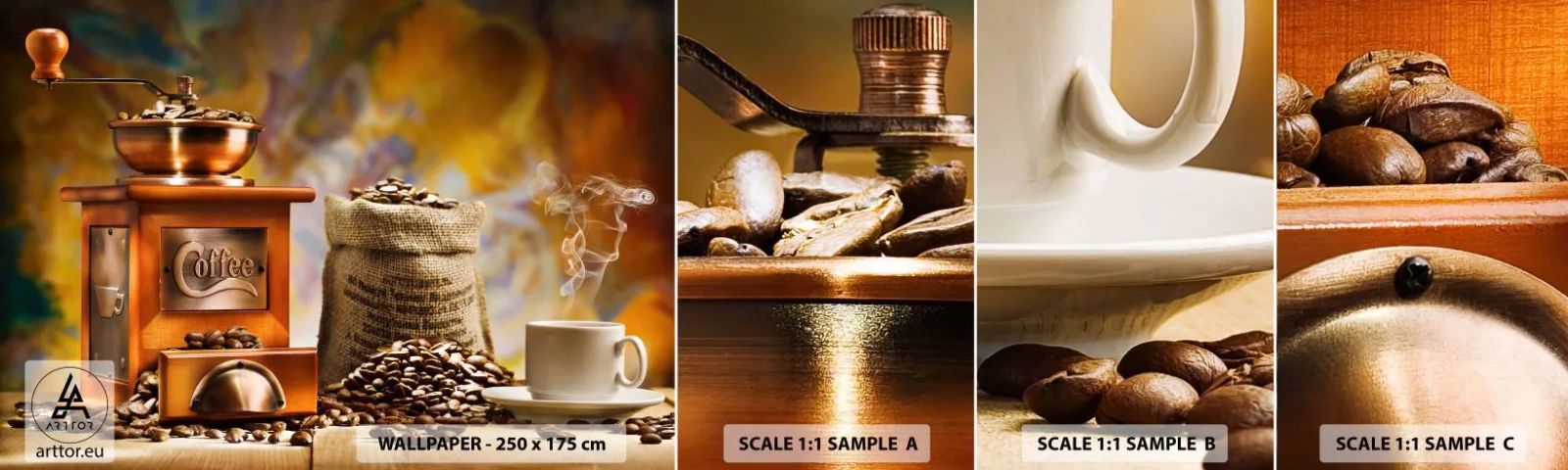 Photo Wallpaper Sample Self-Adhesive Deluxe Sticker - Grains Crunching, Grinder Rumbling - Gastronomy, Coffee, Coffee grinder - 100x30 cm