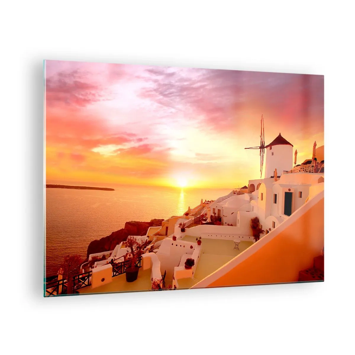 Glass picture - Sunset over Santorini with white buildings and a windmill - 70x50cm - Melting in White and Gold - Modern wall decoration for the living room and bedroom ARTTOR