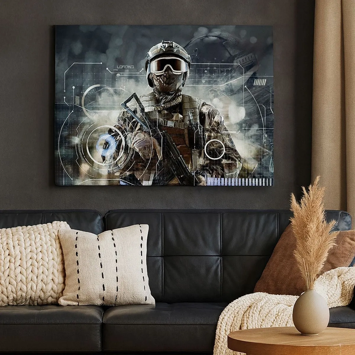Canvas picture - A soldier in a futuristic helmet with a gun in the background of technology. - 70x50cm - Power Squared - Modern wall decoration for the living room and bedroom ARTTOR