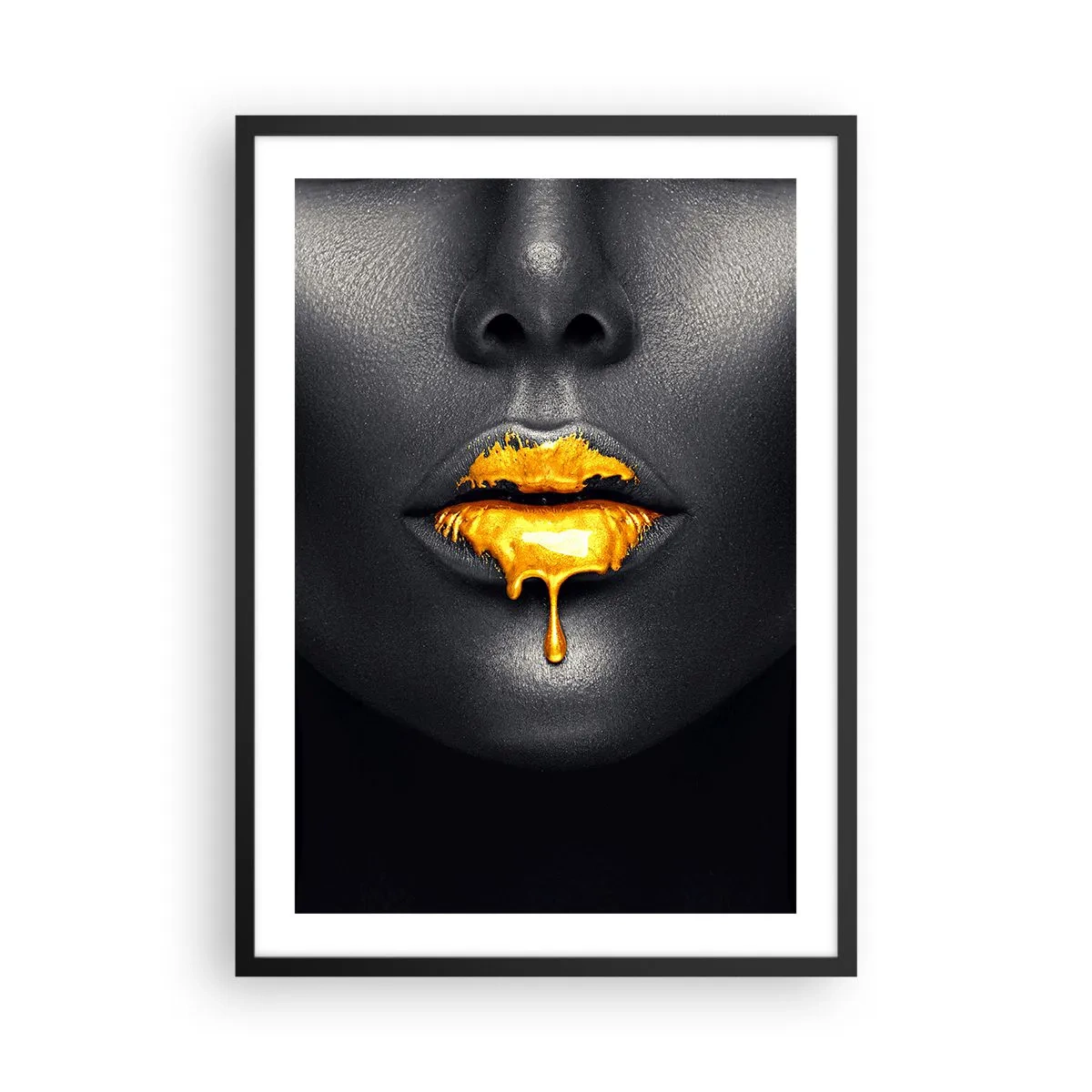 Poster in black frame - Black woman's face with orange paint on her lips - 50x70cm - Golden Lips - Modern wall decoration for the living room and bedroom ARTTOR