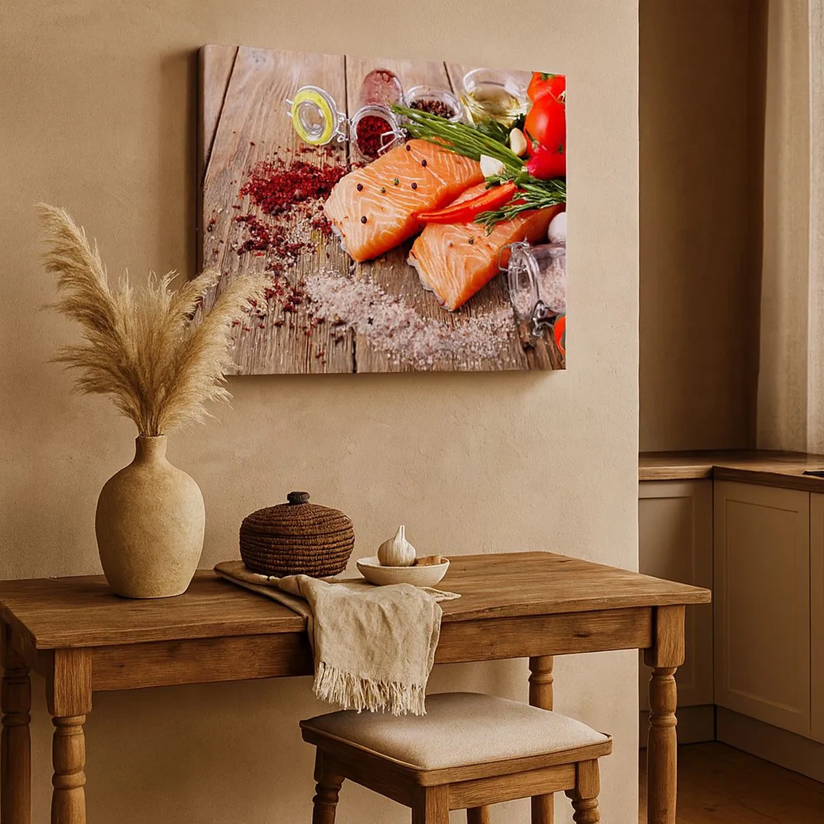 Canvas picture - Salmon fillets with spices on a wooden background - 70x50cm - Norwegian Adventure in the Kitchen - Modern wall decoration for the living room and bedroom ARTTOR