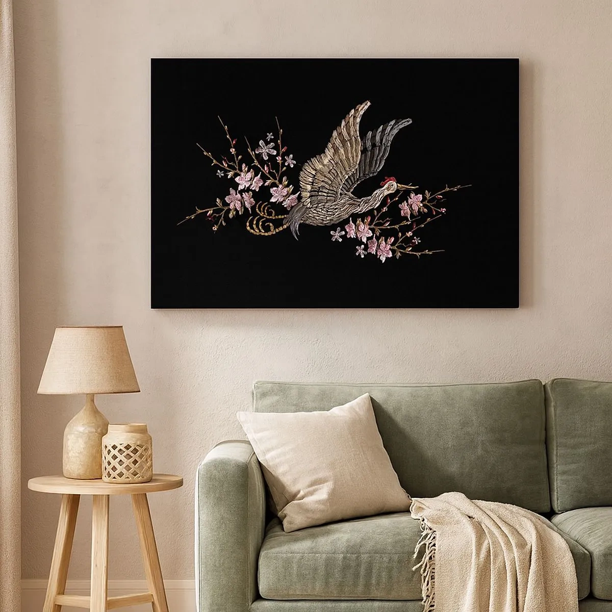 Canvas picture - A bird in flight with flowers on a black background - 70x50cm - Exotic, Embroidered Bird - Modern wall decoration for the living room and bedroom ARTTOR