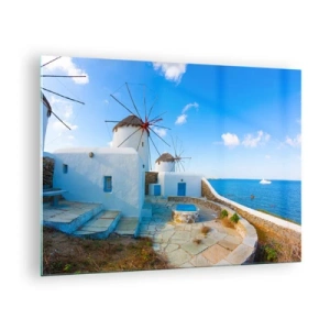 Glass picture - Windmills on the Aegean coast - 70x50cm - Blue Wind from the Sea - Modern wall decoration for the living room and bedroom ARTTOR