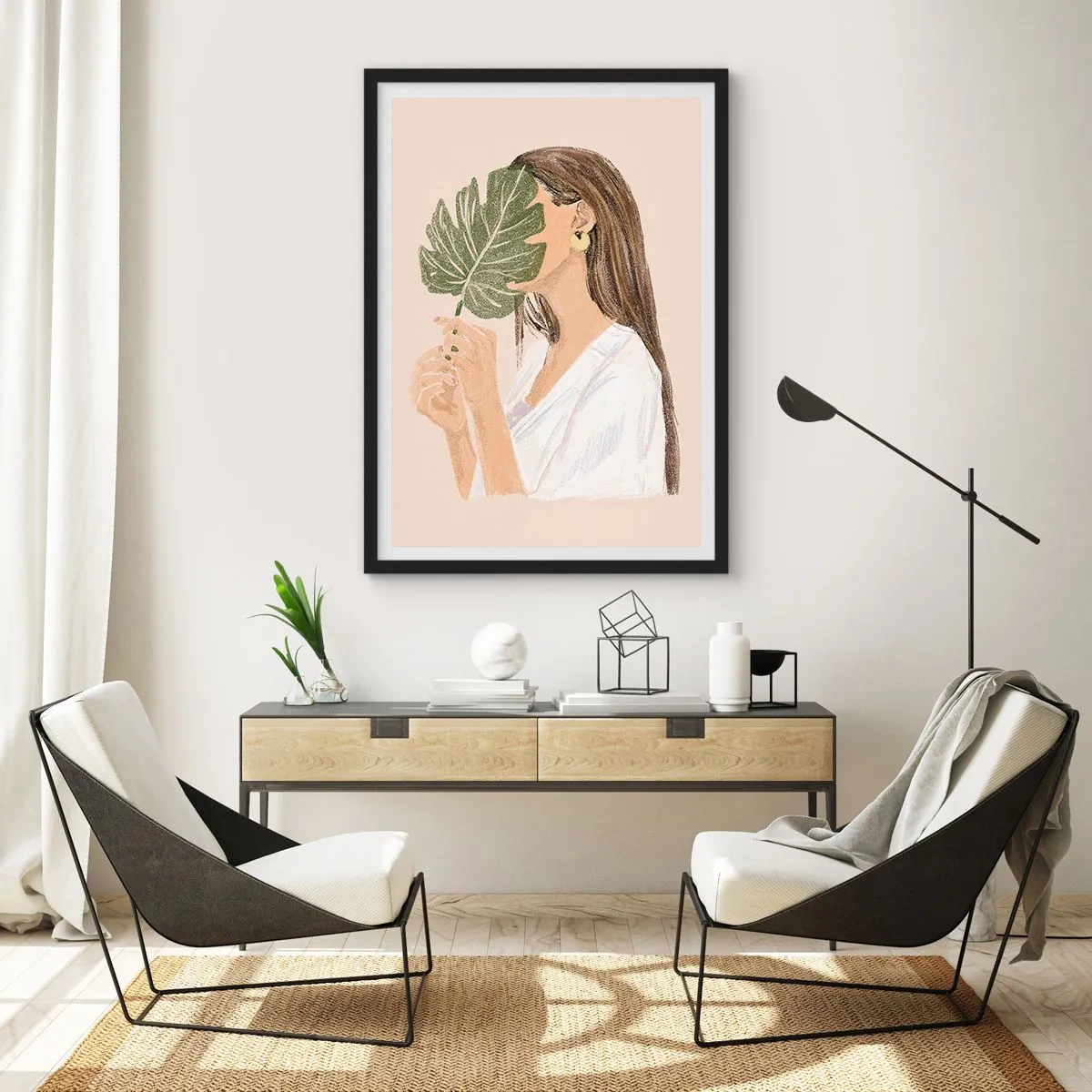 Poster in black frame - A woman covering her face with a monstera leaf. - 50x70cm - Mysterious Portrait with a Fan - Modern wall decoration for the living room and bedroom ARTTOR