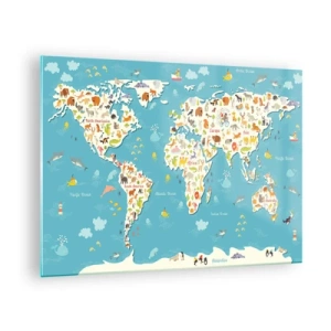 Glass picture - Colorful world map with animal and ocean motifs - 70x50cm - I Love the Whole World - Modern wall decoration for the living room and bedroom ARTTOR
