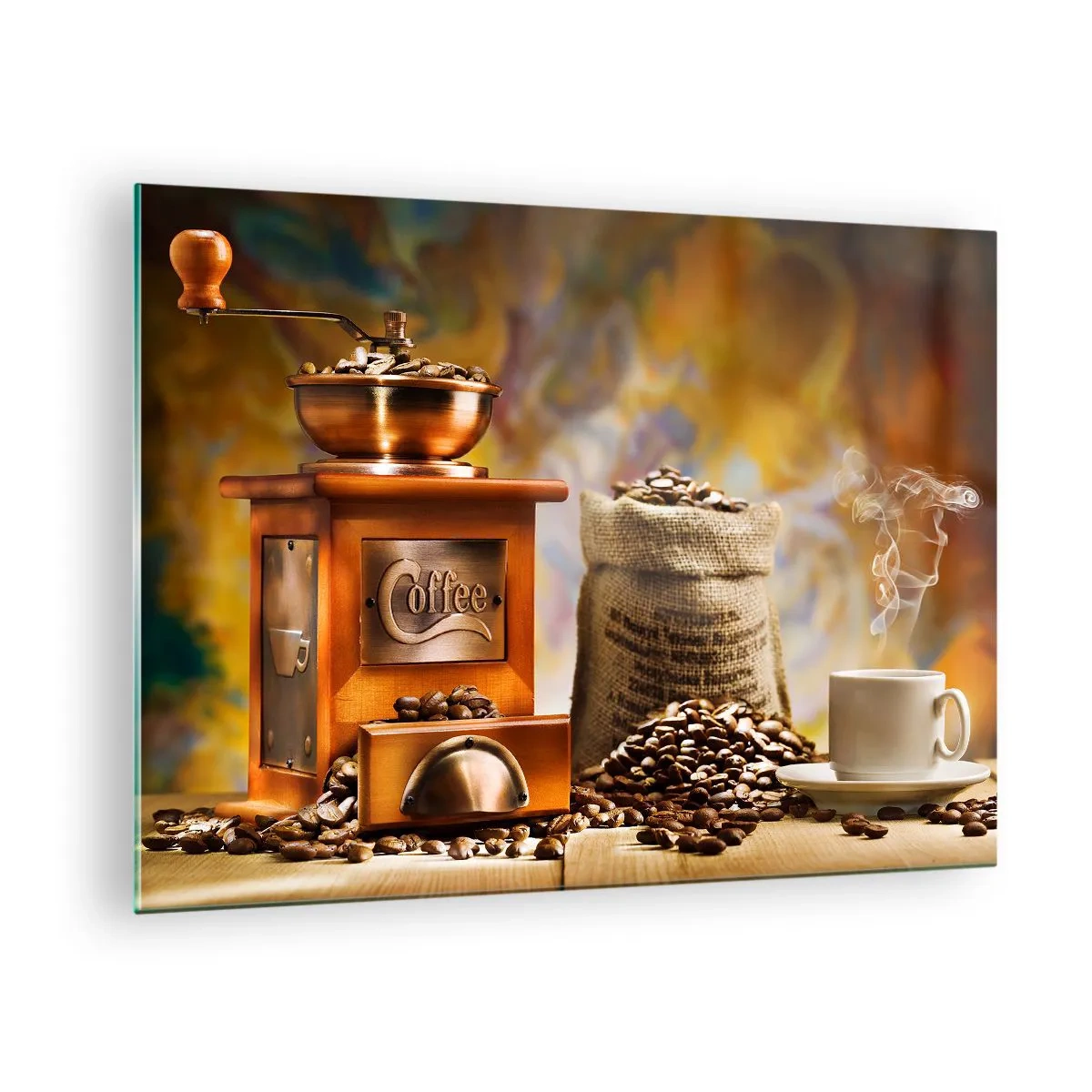 Glass picture - Coffee grinder, beans and a cup on a wooden table - 70x50cm - Grains Crunching, Grinder Rumbling - Modern wall decoration for the living room and bedroom ARTTOR