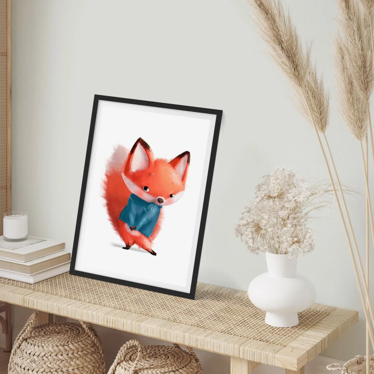 Poster in black frame - A charming red fox in a blue sweater - 50x70cm - Do I Look Good in It? - Modern wall decoration for the living room and bedroom ARTTOR