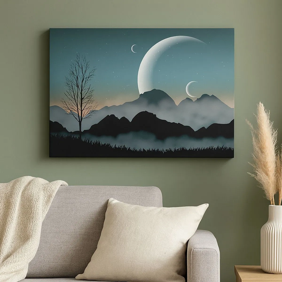 Canvas picture - Misty mountains with the moon and a lonely tree - 70x50cm - Carnival of a Starry Night - Modern wall decoration for the living room and bedroom ARTTOR