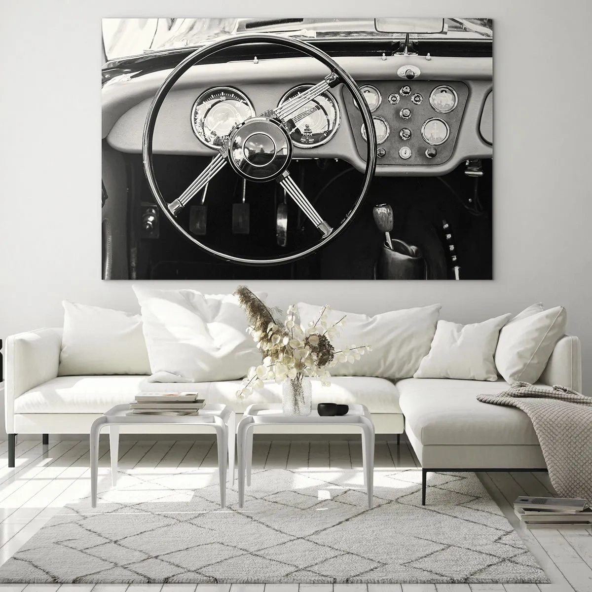Glass picture - The steering wheel and clocks of a classic car in sepia - 70x50cm - Collector's Dream - Modern wall decoration for the living room and bedroom ARTTOR