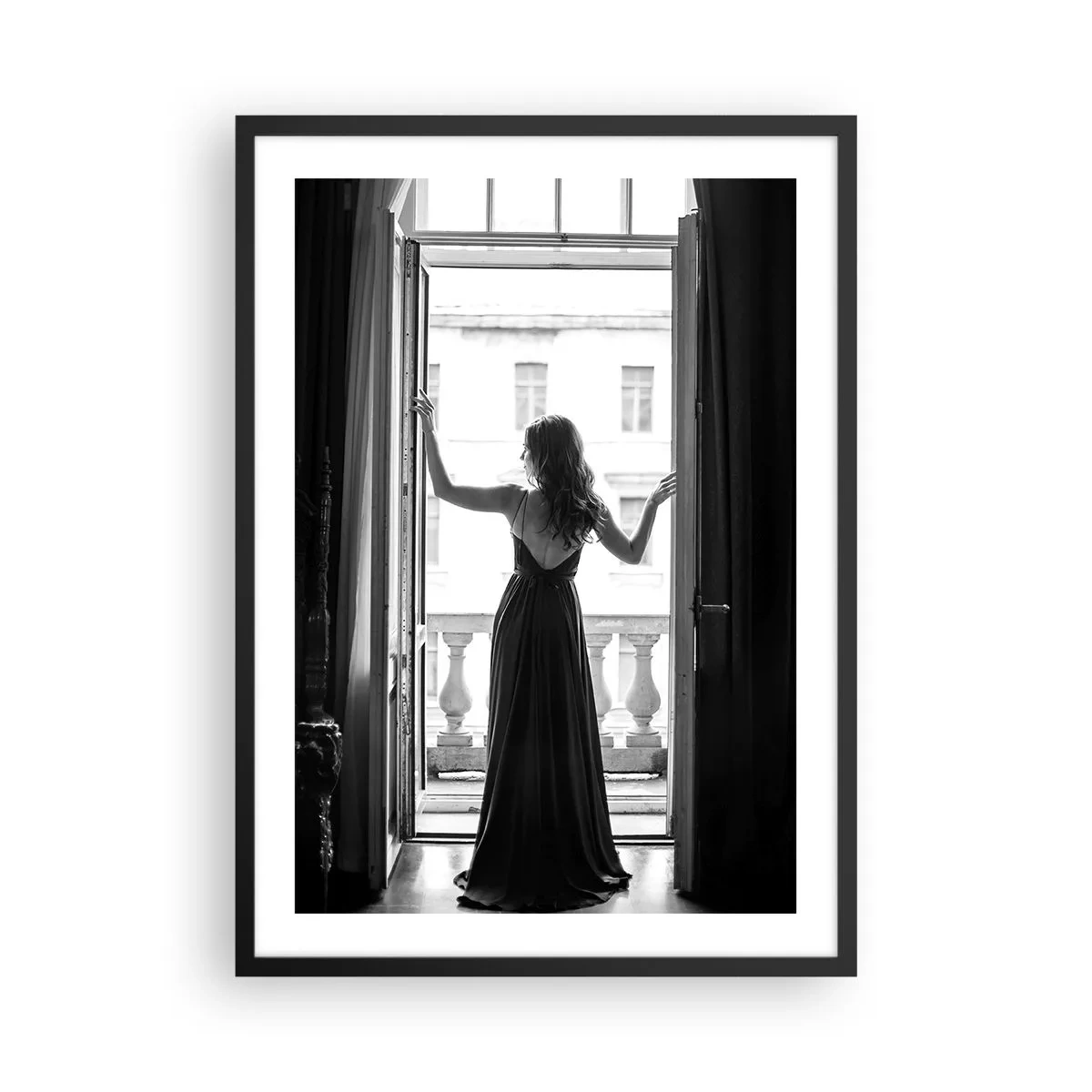 Poster in black frame - A woman in a long dress standing on an open balcony - 50x70cm - In Great Style - Modern wall decoration for the living room and bedroom ARTTOR