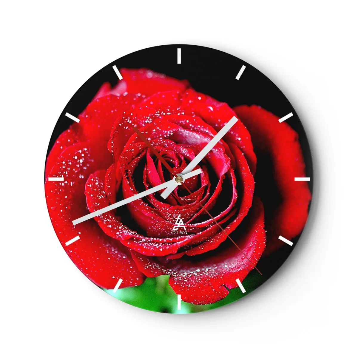 Wall clock - Clock on glass - red rose covered with dewdrops - 30x30cm - This Is Love - Modern wall decoration for the living room, kitchen, and bedroom ARTTOR