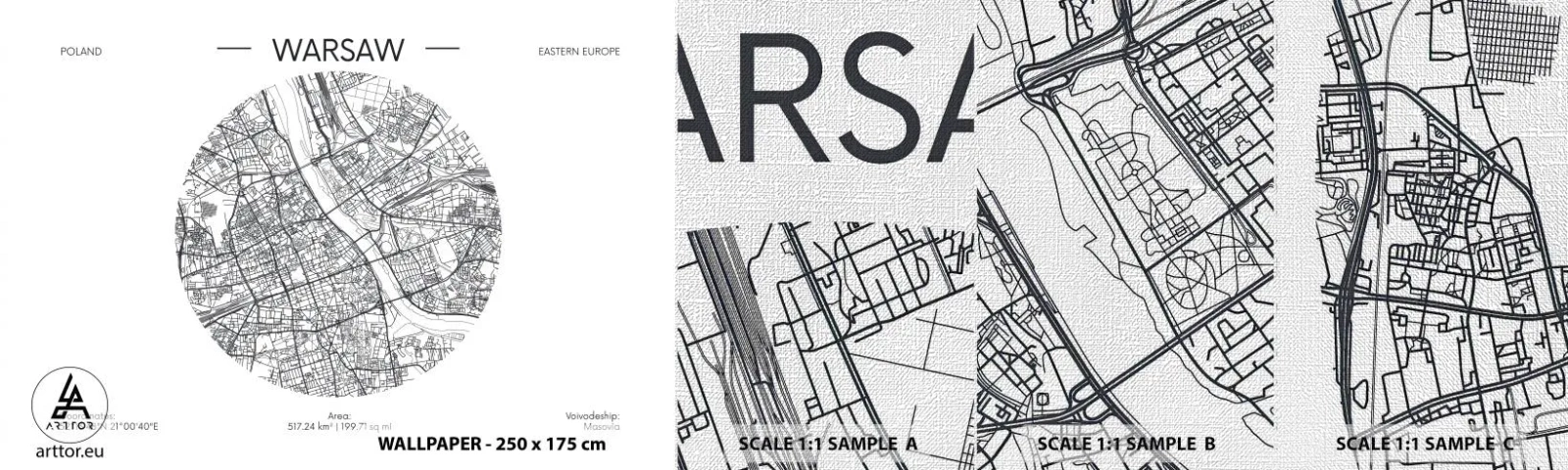 Photo Wallpaper Sample Premium Canvas - Anatomy of Warsaw - Map, Warsaw, Poland - 100x30 cm