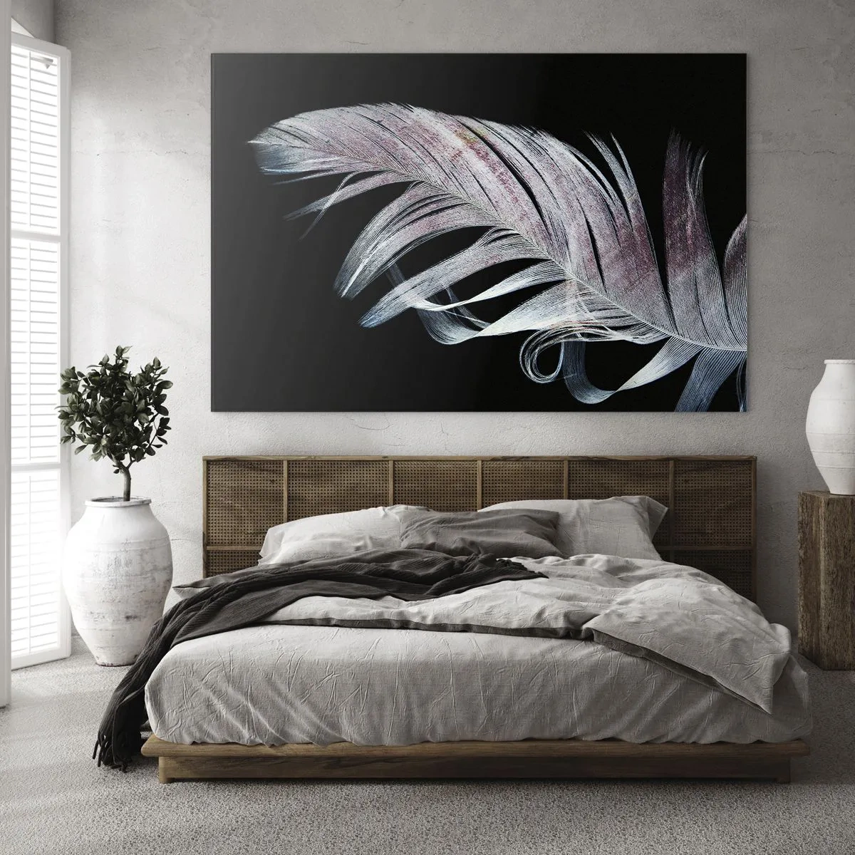 Glass picture - A delicate feather on a black background in an artistic approach - 70x50cm - Think about Touch - Modern wall decoration for the living room and bedroom ARTTOR
