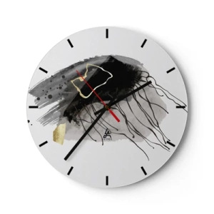 Wall clock - Clock on glass - Abstract motif in black, gray and gold on a white background - 30x30cm - In Black and Gold - Modern wall decoration for the living room, kitchen, and bedroom ARTTOR
