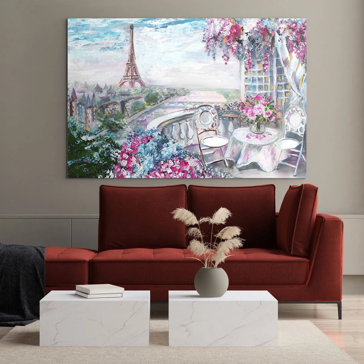 Glass picture - Illustration of a view of the Eiffel Tower with a balcony full of flowers - 70x50cm - Come Visit in May - Modern wall decoration for the living room and bedroom ARTTOR