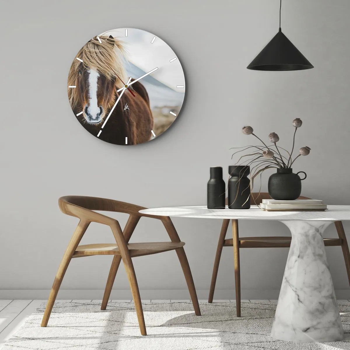 Wall clock - Clock on glass - A brown horse with a light mane against a mountain landscape - 30x30cm - Can You Feel the Freedom? - Modern wall decoration for the living room, kitchen, and bedroom ARTTOR