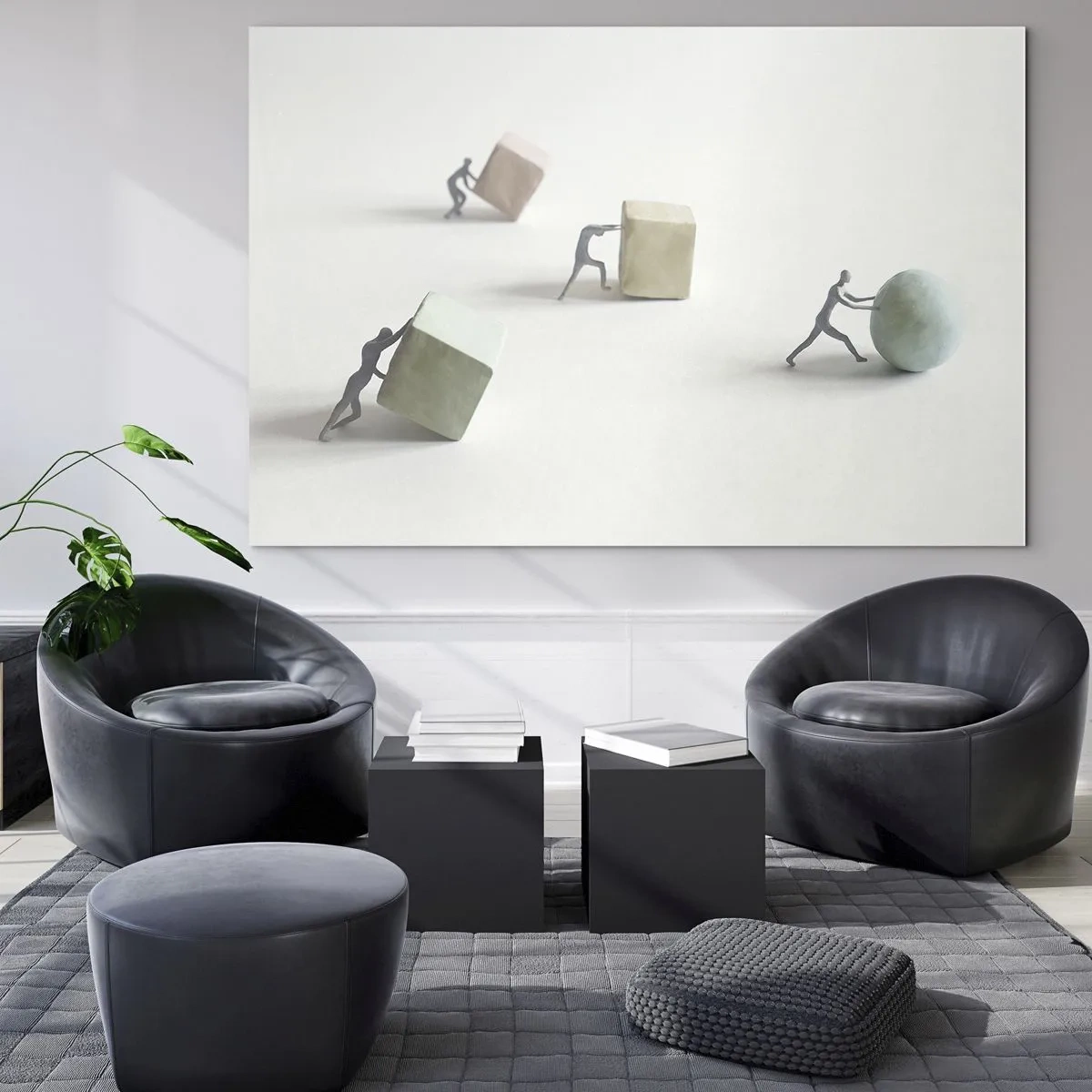 Glass picture - Miniature figures roll and push geometric shapes. - 70x50cm - That's Life - Modern wall decoration for the living room and bedroom ARTTOR