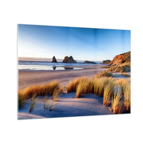 Glass picture - A beach at dawn with grass and rocks in the background and a calm sea - 70x50cm - For Peace Seekers - Modern wall decoration for the living room and bedroom ARTTOR