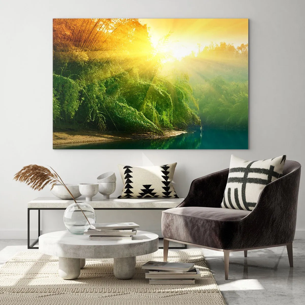 Glass picture - Sun rays over the green vegetation by the river - 70x50cm - Drowning in the Sun and Shadow - Modern wall decoration for the living room and bedroom ARTTOR