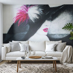 Photo Wallpaper Standard Eco - Always a Secret - Woman In A Hat, Woman's Face, Red lips - 300x210 cm