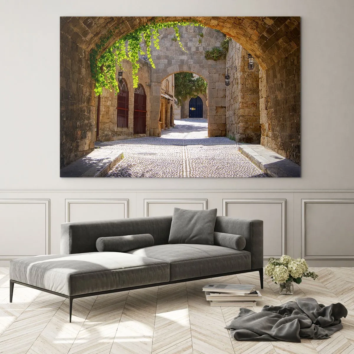 Glass picture - A stone street with arches and vines in the sunlight - 70x50cm - Procession Is on Its Way - Modern wall decoration for the living room and bedroom ARTTOR