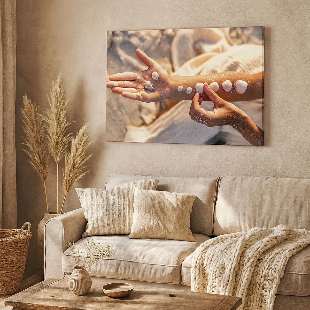 Canvas picture - Hands with seashells arranged on the sand background - 70x50cm - Beauty at Hand - Modern wall decoration for the living room and bedroom ARTTOR