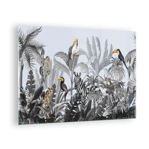 Glass picture - Exotic animals in a black and white jungle on a light background - 70x50cm - African Fairy Tale - Modern wall decoration for the living room and bedroom ARTTOR