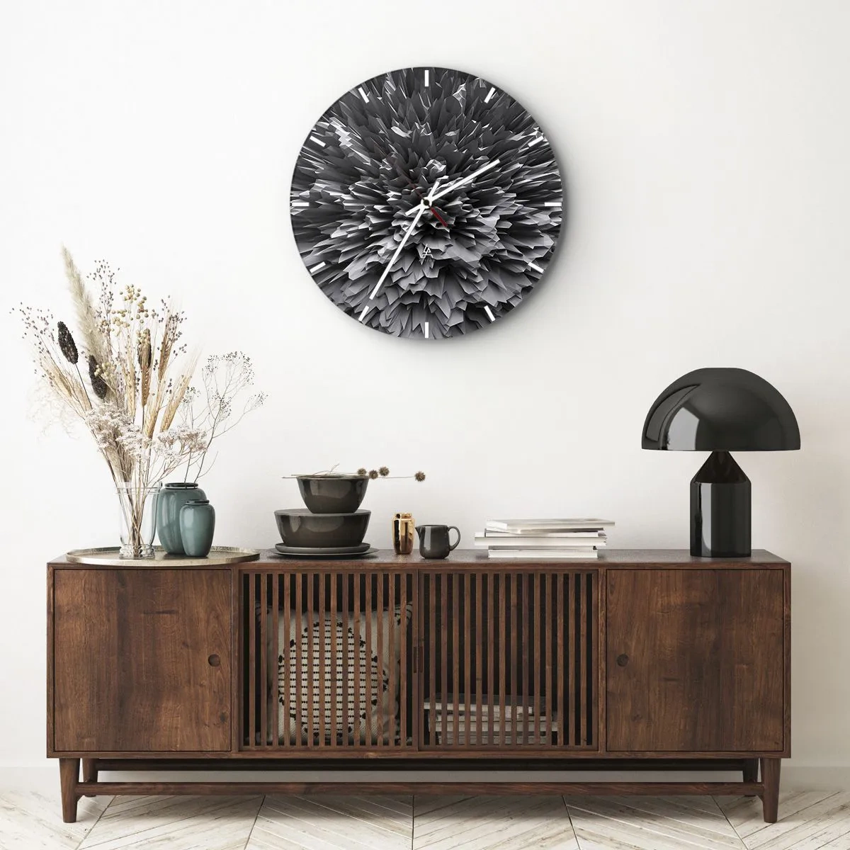 Wall clock - Clock on glass - Abstract black and white 3D composition in the form of an explosion - 30x30cm - It Can's Be Any Sharper - Modern wall decoration for the living room, kitchen, and bedroom ARTTOR