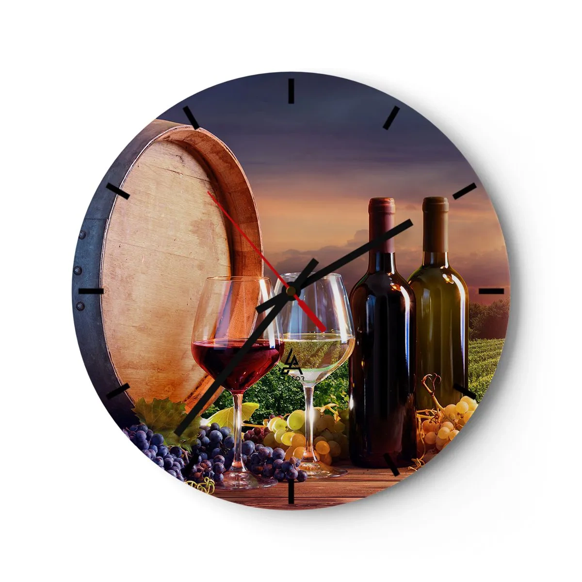 Wall clock - Clock on glass - Wine, glasses and a barrel against the backdrop of the setting sun - 30x30cm - Here Life Is Full of Flavour - Modern wall decoration for the living room, kitchen, and bedroom ARTTOR