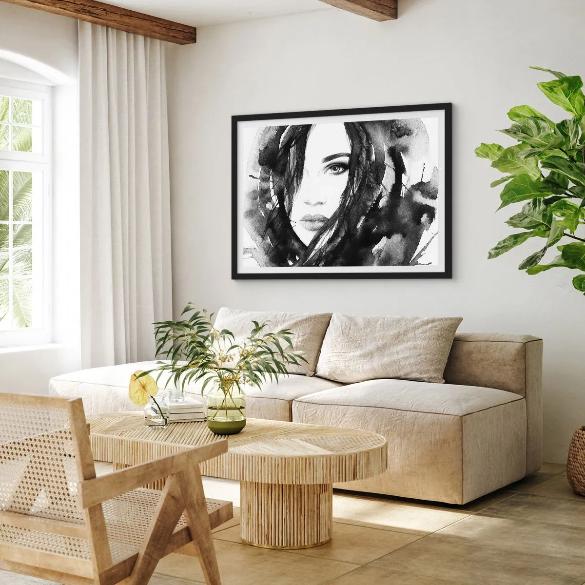 Poster in black frame - Portriat of a Lady in  Black and White - 91x61 cm