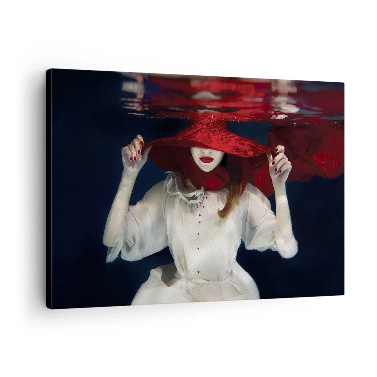 Canvas picture - A woman in a red hat immersed in water - 70x50cm - Mysterious Woman - Modern wall decoration for the living room and bedroom ARTTOR