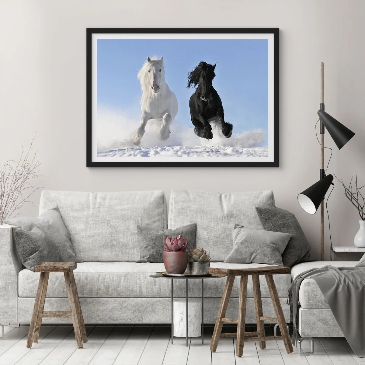 Poster in black frame - Black and White Gallop - 40x30 cm