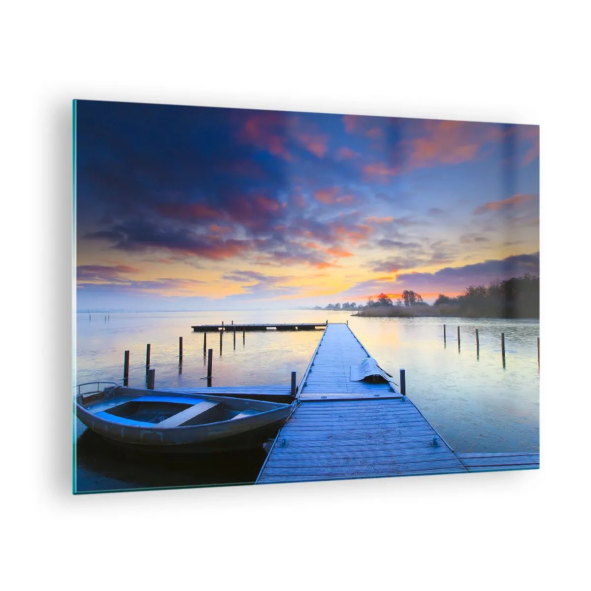 Glass picture - A pier on the lake at dawn surrounded by peaceful nature - 70x50cm - Purple-Golden Peace - Modern wall decoration for the living room and bedroom ARTTOR