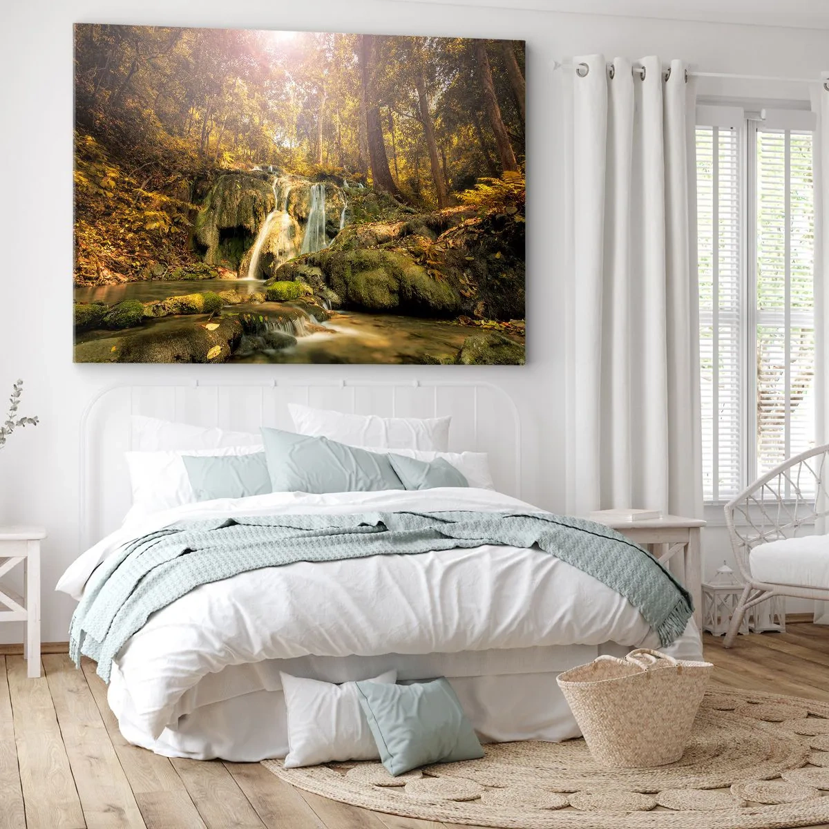 Canvas picture - A forest waterfall in the sun's rays, surrounded by greenery - 70x50cm - Forest Cascade in Green - Modern wall decoration for the living room and bedroom ARTTOR