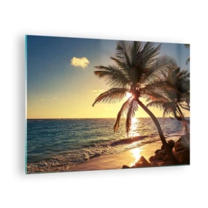 Glass picture - Tropical beach with palm trees in the light of the setting sun - 70x50cm - Summer Under Palms - Modern wall decoration for the living room and bedroom ARTTOR