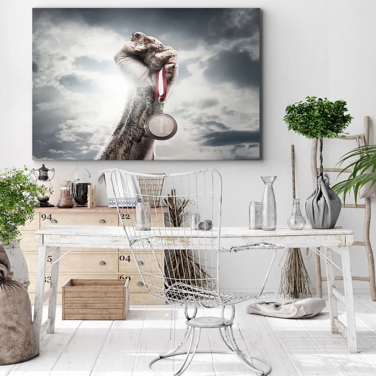 Canvas picture - hand raised with a medal against a cloudy sky - 70x50cm - Per Aspera Ad Astra - Modern wall decoration for the living room and bedroom ARTTOR