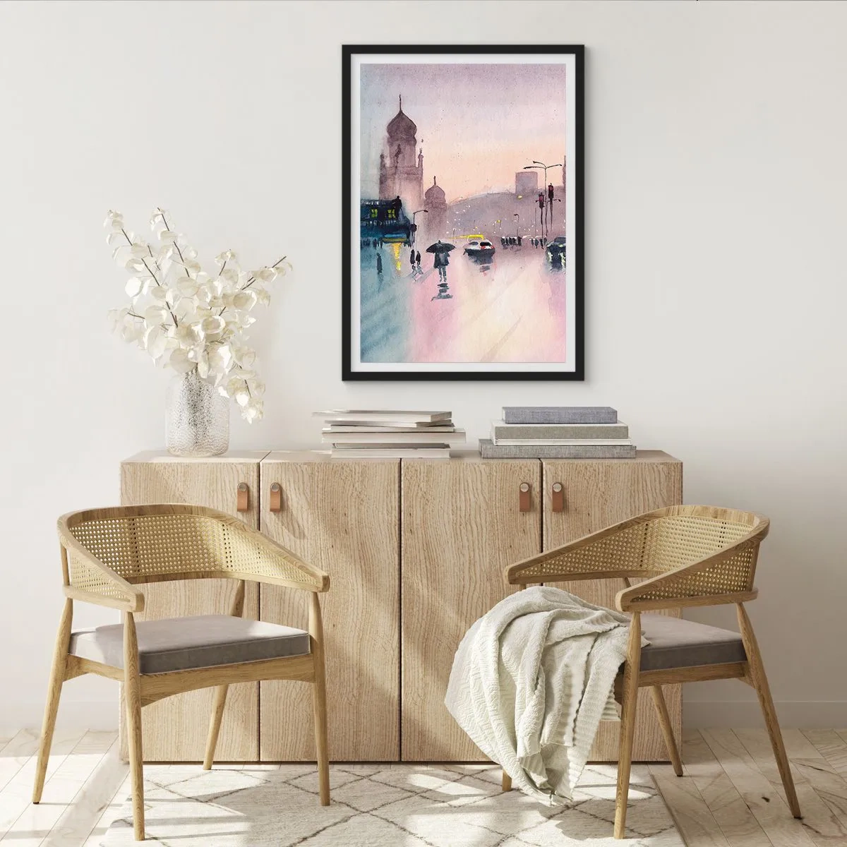 Poster in black frame - City scene with silhouettes of people and lights in the rain mist - 50x70cm - In a Rainy Fog - Modern wall decoration for the living room and bedroom ARTTOR