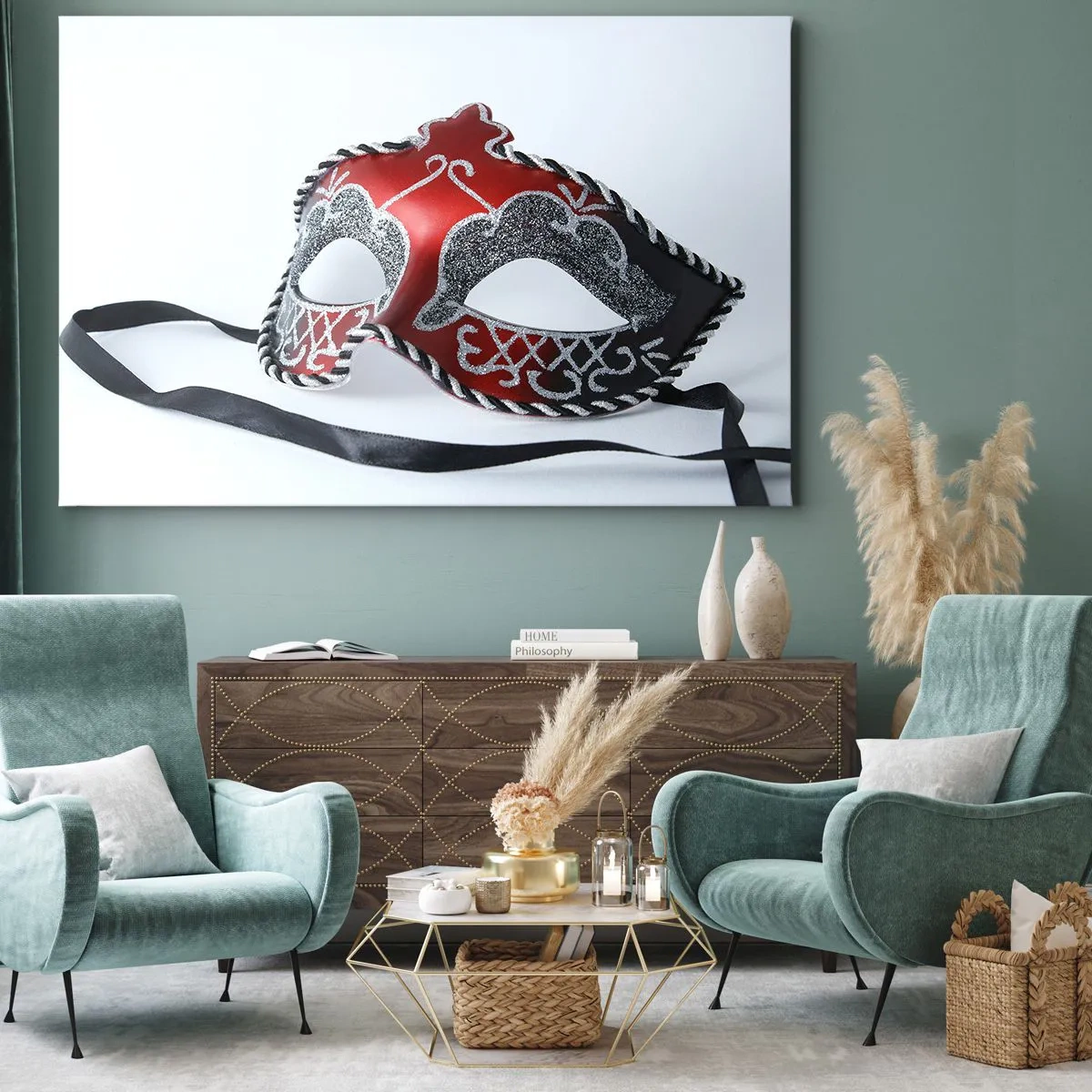 Canvas picture - Red carnival mask on a light background - 70x50cm - Invitation to a Ball - Modern wall decoration for the living room and bedroom ARTTOR