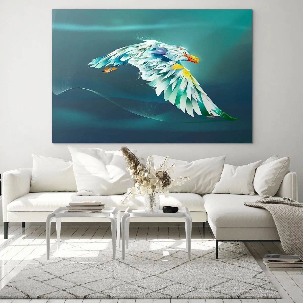 Glass picture - An abstract image of an eagle in shades of blue and white against a background of waves. - 70x50cm - Flight of an Eagle - Modern wall decoration for the living room and bedroom ARTTOR