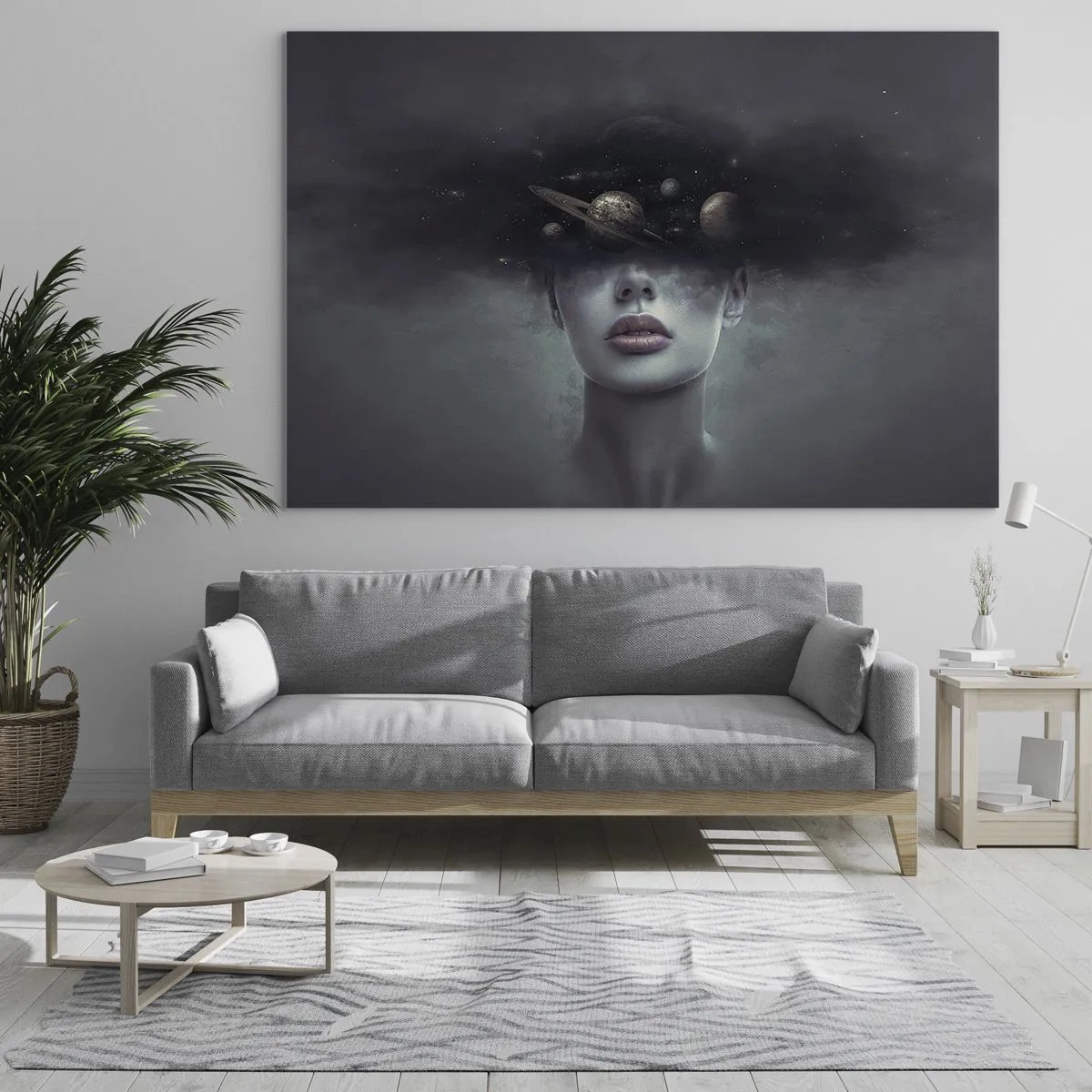 Glass picture - A woman with planets for a head in a surreal composition - 70x50cm - And Planets are Revolving… - Modern wall decoration for the living room and bedroom ARTTOR