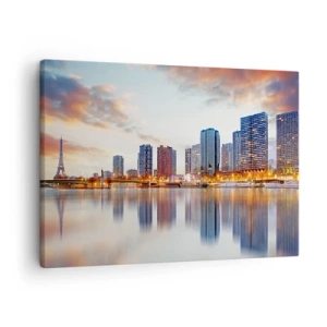 Canvas picture - Panorama of modern buildings and the Eiffel Tower over the water - 70x50cm - Monumental Peace of Paris - Modern wall decoration for the living room and bedroom ARTTOR