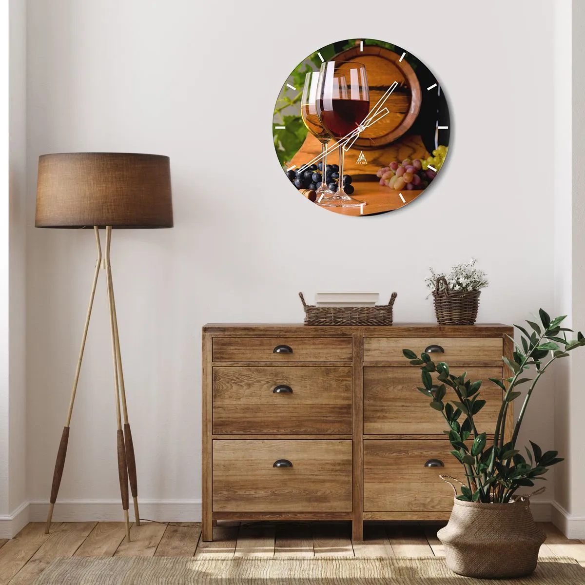 Wall clock - Clock on glass - Glasses of wine against the background of a barrel and grapes - 30x30cm - Like at Old Masters - Modern wall decoration for the living room, kitchen, and bedroom ARTTOR