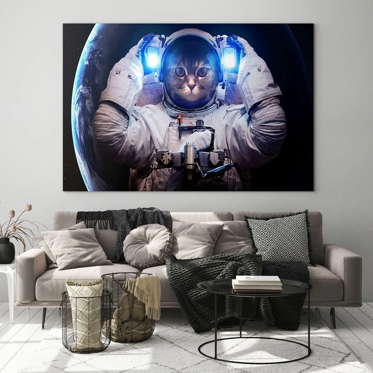 Glass picture - A cat-headed cosmonaut in space - 70x50cm - Houston, You've Got a Problem - Modern wall decoration for the living room and bedroom ARTTOR