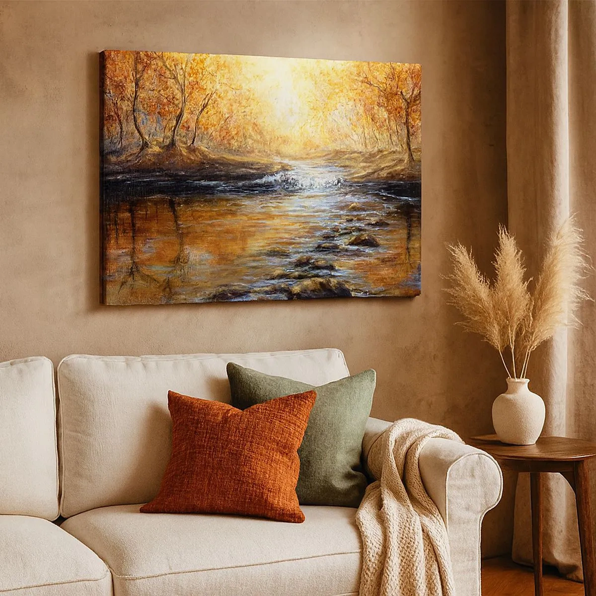 Canvas picture - Autumn landscape with a river among the trees - 70x50cm - Golden Brook - Modern wall decoration for the living room and bedroom ARTTOR