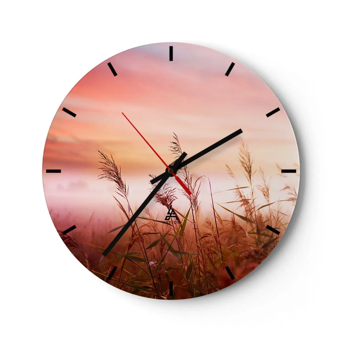 Wall clock - Clock on glass - A field of grass at dawn in warm shades of pink and orange - 30x30cm - Blowing in the Wind - Modern wall decoration for the living room, kitchen, and bedroom ARTTOR