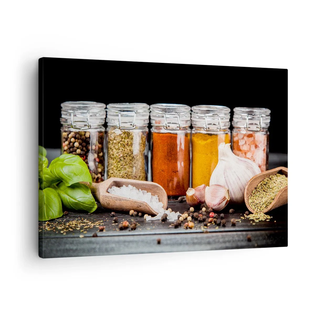 Canvas picture - Herbs and spices in glass jars on a dark background - 70x50cm - Spicing Up Life - Modern wall decoration for the living room and bedroom ARTTOR
