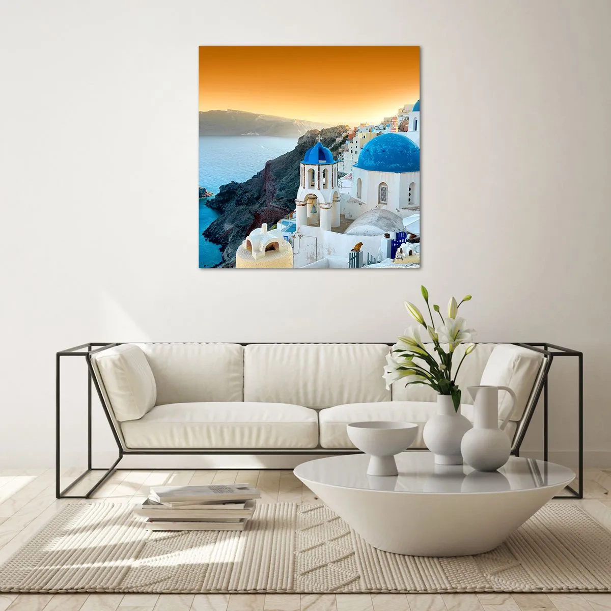 Glass picture - Santorini - Snuggling up to the Rocks - 50x50 cm