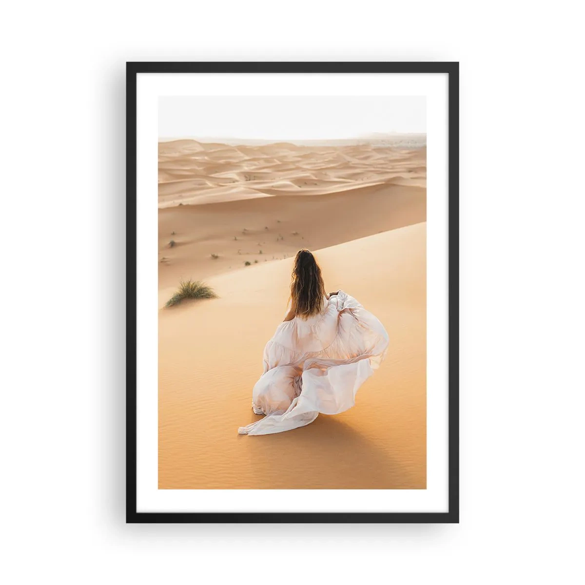 Poster in black frame - A woman in a flowing dress in the desert - 50x70cm - Escape to Freedom - Modern wall decoration for the living room and bedroom ARTTOR