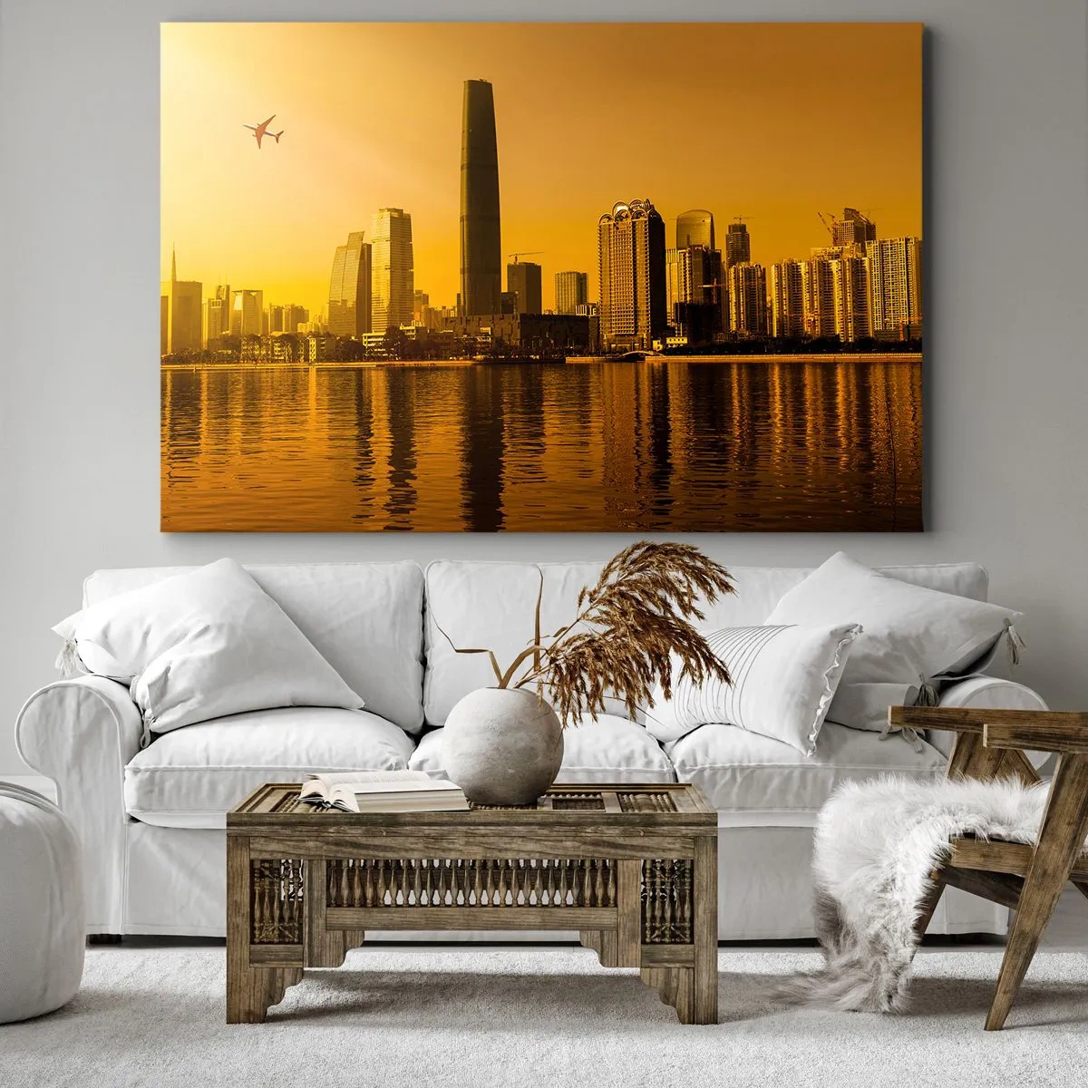 Canvas picture - City panorama at sunset with skyscrapers and an airplane - 70x50cm - Golden City - Modern wall decoration for the living room and bedroom ARTTOR