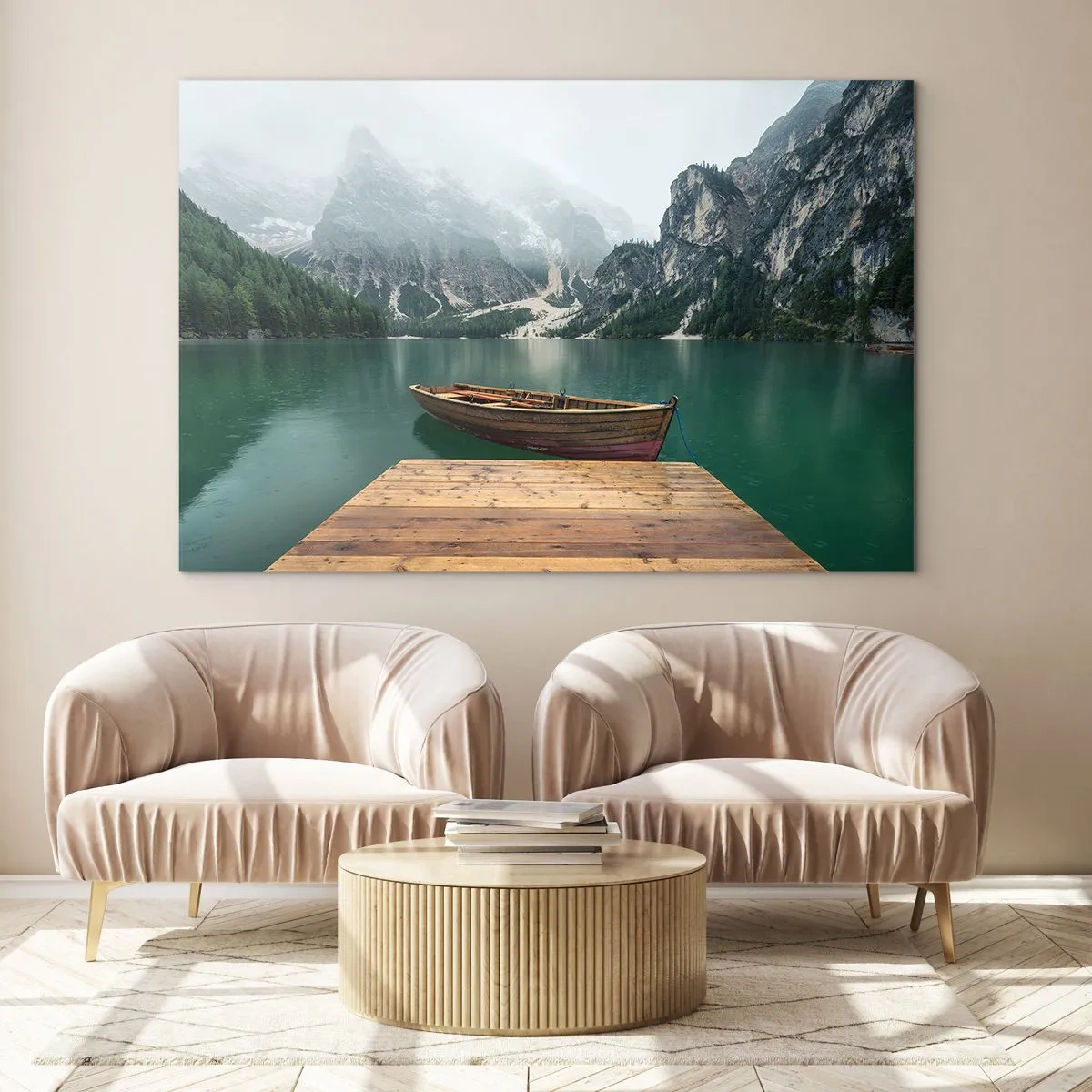 Glass picture - A boat at the piers on a lake in a mountainous scenery with fog - 70x50cm - Boat Found Solitude - Modern wall decoration for the living room and bedroom ARTTOR